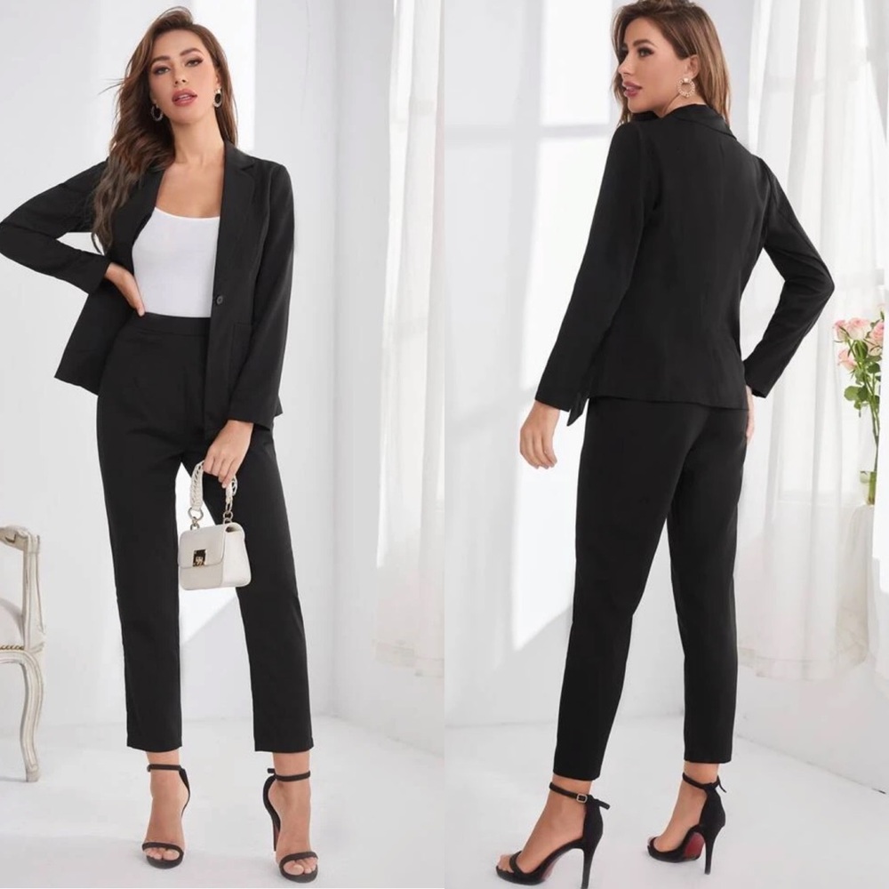 2 piece set: pants & blazer suit high waisted single button lapel collar black